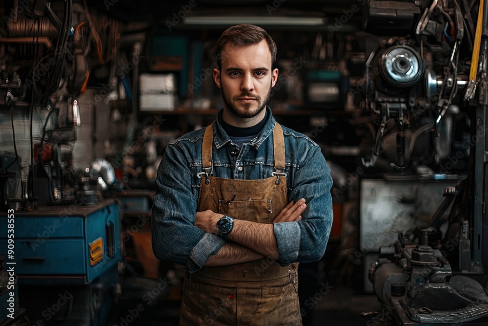 Portrait of handsome bearded mechanic in overalls standing in auto repair shop Portrait of handsome bearded mechanic in overalls standing in auto repair shop
