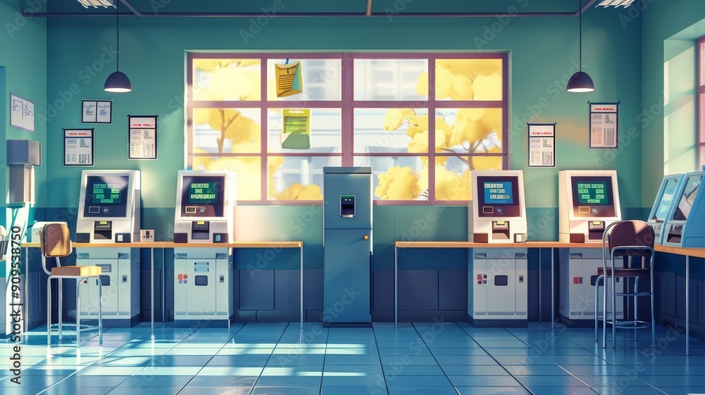 Voting room setup with electronic voting machines and bright partitions Cartoon vector Voting room setup with electronic voting machines and bright partitions Cartoon vector