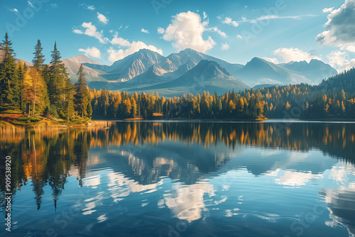  Tranquil reflections of majestic high tatra lake in autumn sunlit mountains