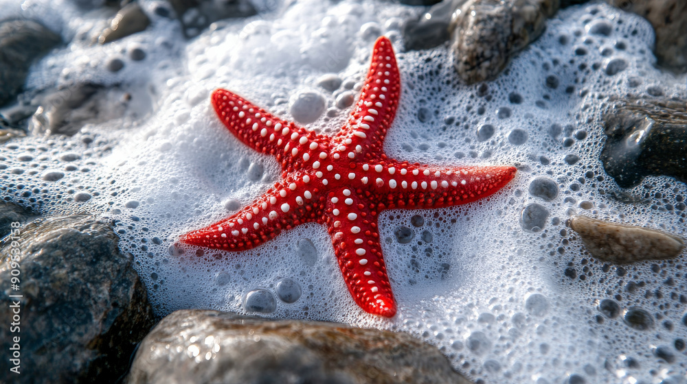 Red starfish on rocky shore with sea foam, marine life concept Red starfish on rocky shore with sea foam, marine life concept