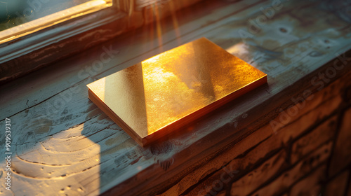 Golden Rectangle Resting on Sunlit Wooden Windowsill in Early Morning Light