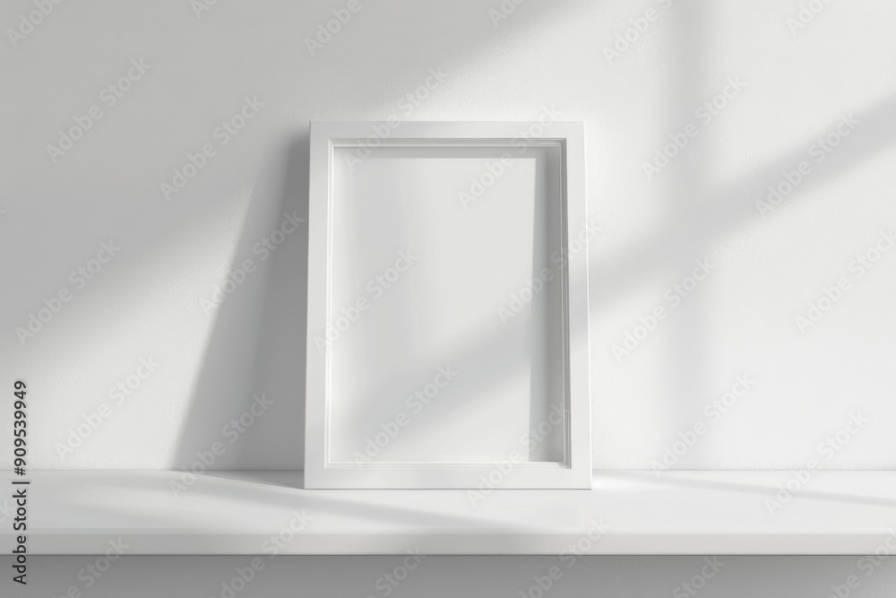 Square Frame Mockup in White, with Empty Rectangle on Shelf with Light Background Square Frame Mockup in White, with Empty Rectangle on Shelf with Light Background