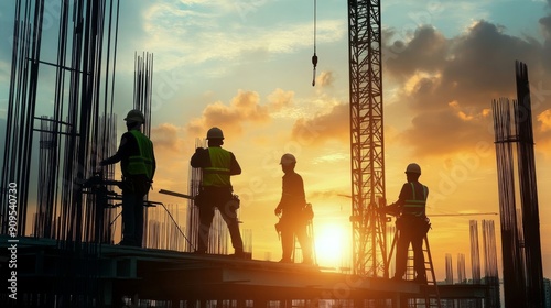 Silhouette of engineer and construction team working at site over blurred background sunset pastel for industry background with Light fair