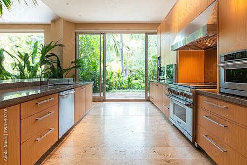 Bright and spacious modern kitchen featuring birch cabinetry, stainless steel appliances, a parquet floor, and a view of greenery through a bay window photo