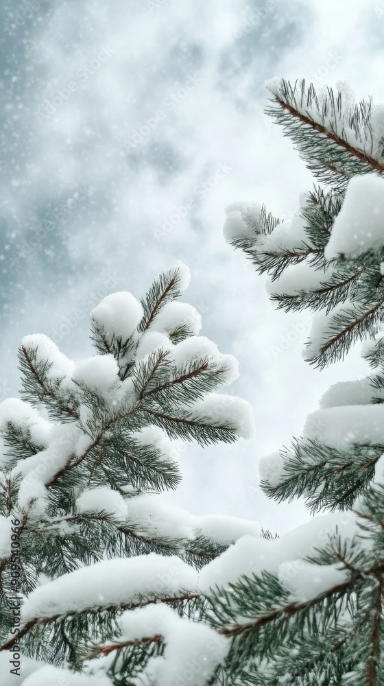 snow covered pine branches against a cloudy sky, winter nature scenery. Seasonal weather and holiday concept snow covered pine branches against a cloudy sky, winter nature scenery. Seasonal weather and holiday concept