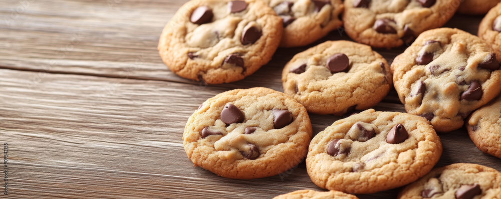 Chocolate chip cookies on a rustic wooden table, food photography concept Chocolate chip cookies on a rustic wooden table, food photography concept