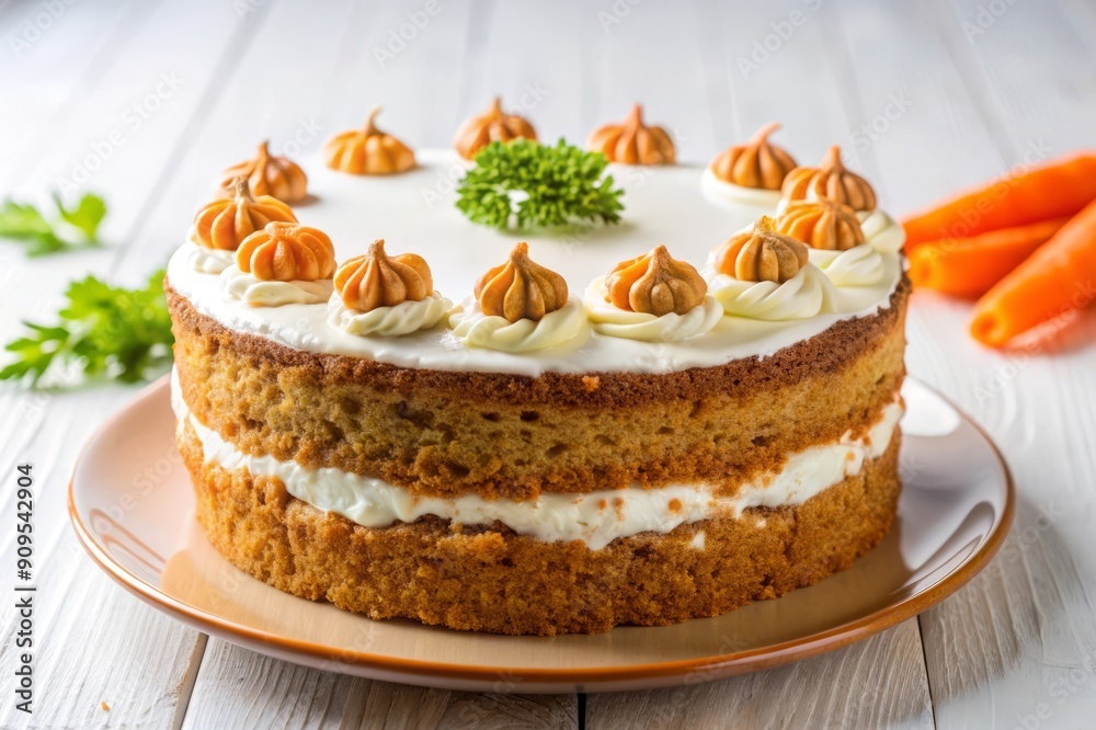 Delicious Carrot Cake with Cream Cheese Frosting and Pumpkin Decorations. Delicious Carrot Cake with Cream Cheese Frosting and Pumpkin Decorations.