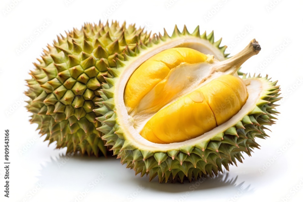 Fototapeta premium Durian fruit with yellow flesh isolated on white background.