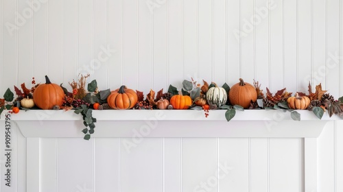 Conceptual image of a mantel decorated with pumpkins and Thanksgiving garlands photo