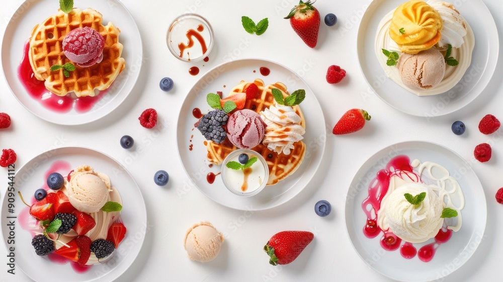Top view of dessert plates with different ice-cream balls and sweet waffles, isolated on a clean PNG background. Top view of dessert plates with different ice-cream balls and sweet waffles, isolated on a clean PNG background.
