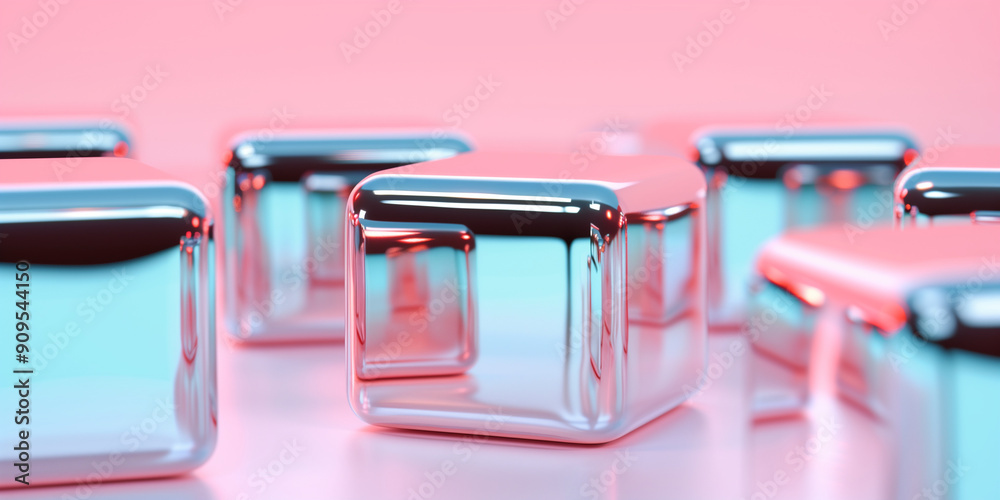 Abstract metallic cubes reflecting pink and blue light on a pink surface Abstract metallic cubes reflecting pink and blue light on a pink surface
