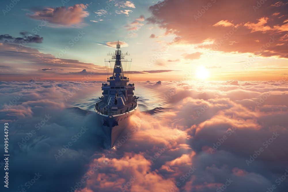 Naklejka premium Majestic Warship Cutting Through a Sea of Clouds at Sunset