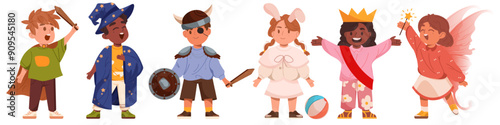 Children costumes. Carnival clothing. Kids standing together. Party clothes. Cute princess. Girl fairy with magic wand. Viking boy. Bunny festival apparel. Vector holiday outfits set