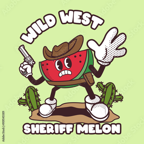 Watermelon Character Cowboy Vintage Mascot Illustration