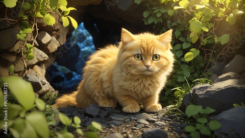 Curious Yellow Cat Discovers Hidden Cave in Lush, Rocky Landscape
