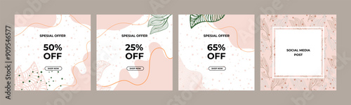 Dusty rose abstract square art templates with floral and geometric elements. Suitable for social media posts, mobile apps, banners design and web/internet ads. Vector fashion backgrounds.