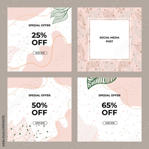 Dusty rose abstract square art templates with floral and geometric elements. Suitable for social media posts, mobile apps, banners design and web/internet ads. Vector fashion backgrounds.