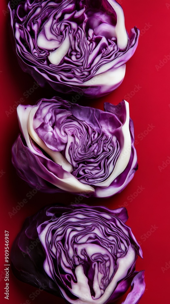 Close-up of sliced red cabbage against red background, vibrant and fresh vegetable concept Close-up of sliced red cabbage against red background, vibrant and fresh vegetable concept