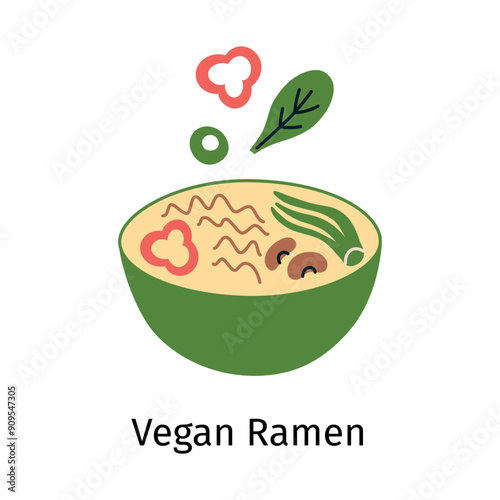 Vegan ramen vector illustration in flat cartoon style. Japanese noodle soup with bok choy, beans, nori, scallion, and red pepper in a bowl. Asian cuisine doodle, delicious and savory meal