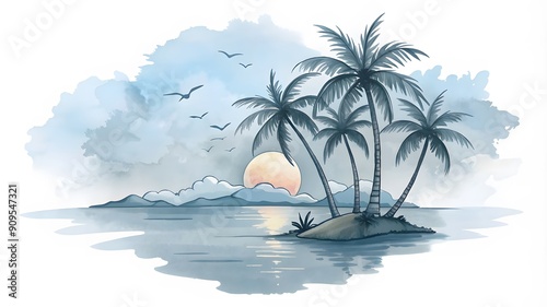 Holiday summer travel vacation illustration - Watercolor painting of palms, palm tree on teh beach with ocean sea, design for logo or t shirt, isolated  photo