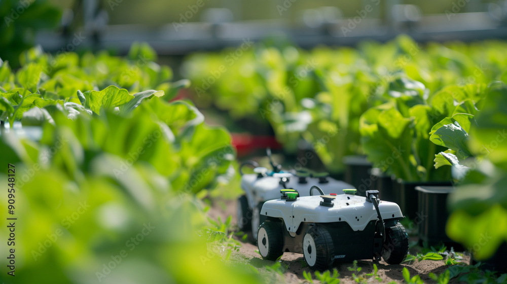 Autonomous Robots Navigating Through Rows of Lush Green Lettuce Plants in a Modern Agricultural Setting Autonomous Robots Navigating Through Rows of Lush Green Lettuce Plants in a Modern Agricultural Setting