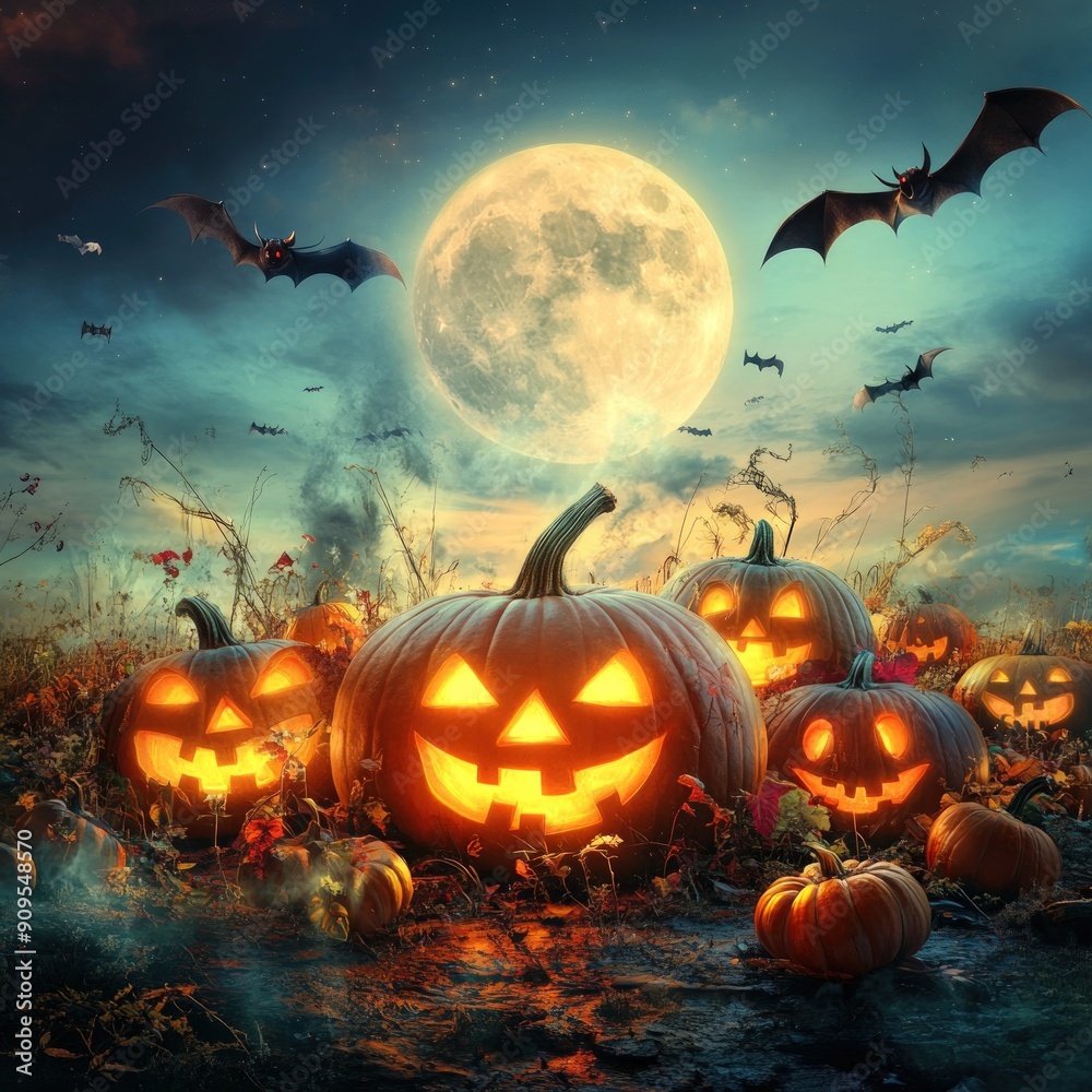 A group of pumpkins with their mouths open and glowing in the dark. The scene is set in a field with a full moon in the background A group of pumpkins with their mouths open and glowing in the dark. The scene is set in a field with a full moon in the background