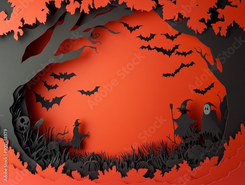 A Halloween themed paper cutout of a forest with bats flying around. Scene is spooky and eerie