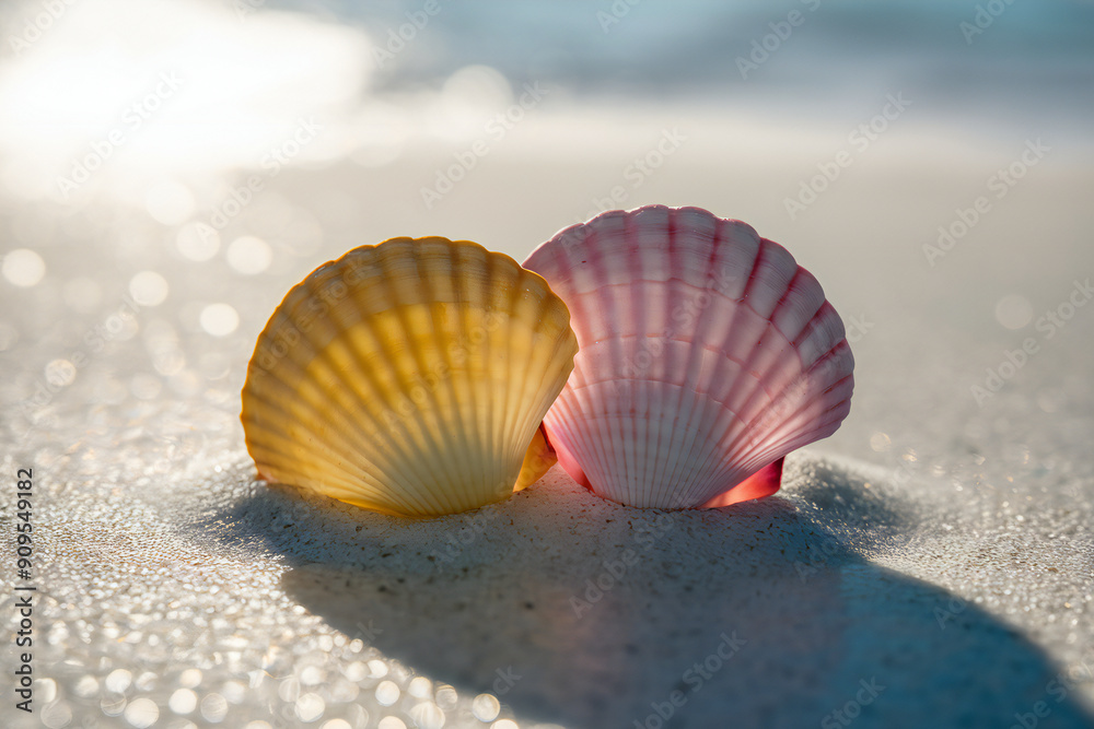 Closeup photography of two yellow and pink seashells on white sand. Closeup photography of two yellow and pink seashells on white sand.