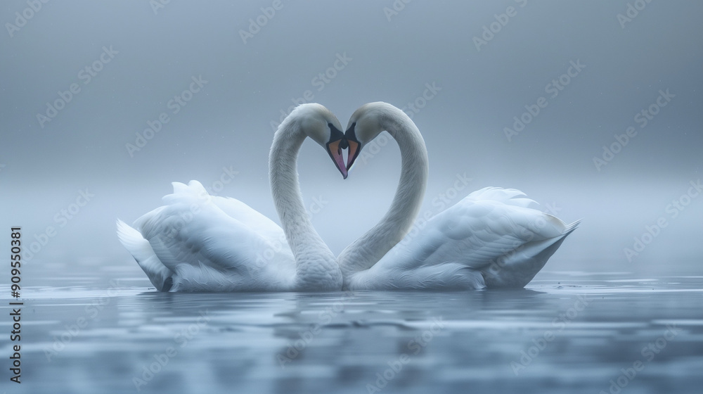 Obraz premium Two Elegant Swans Forming a Heart Shape in a Misty Lake at Dawn