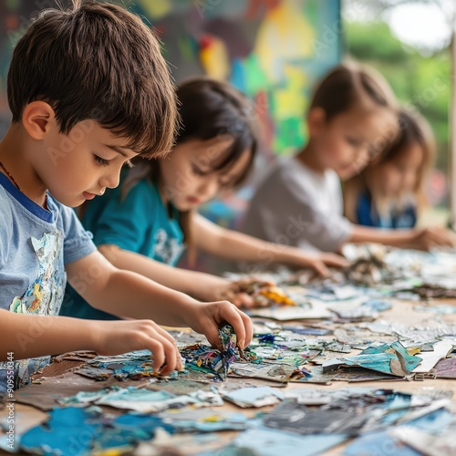 Children creating art with recycled materials, kids in school, sustainability and creativity