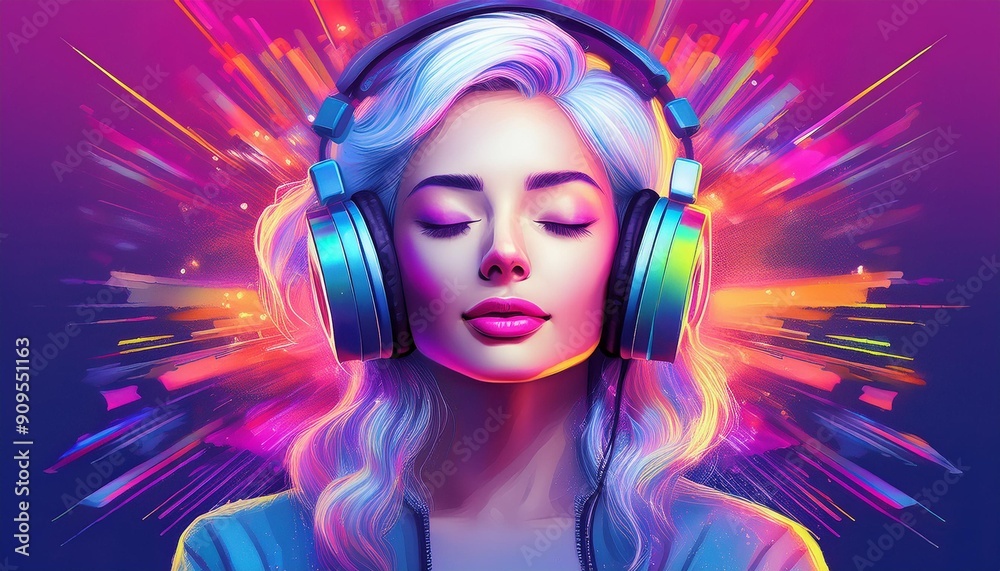 woman with headphones, illustration of woman using headphones on colorful abstract background woman with headphones, illustration of woman using headphones on colorful abstract background