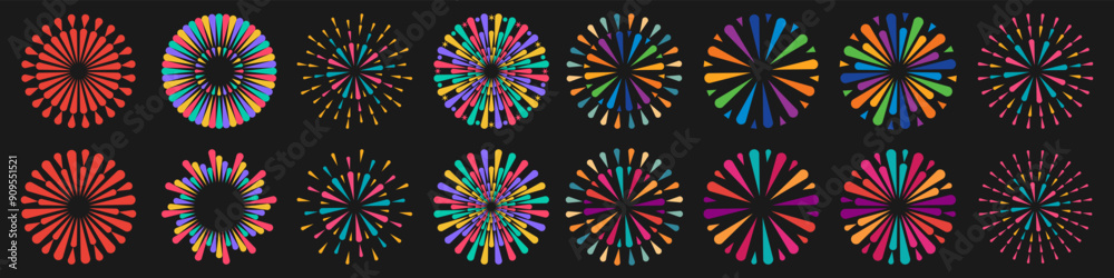 Set of creative fireworks explosion design vectors, ornament fireworks colorful design vector.