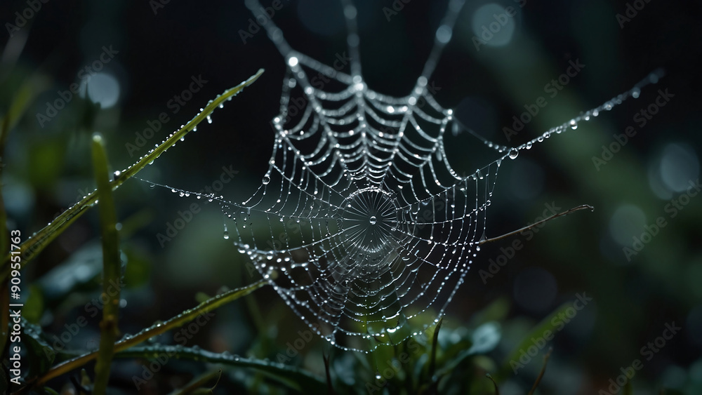 silk spider web on grass with dew on the sticky webbing insect trap in the morning dewdrops silk spider web on grass with dew on the sticky webbing insect trap in the morning dewdrops