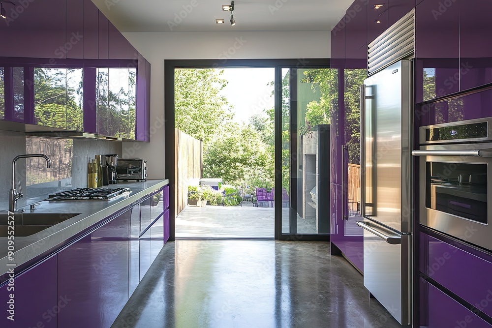 Bright and spacious modern kitchen featuring purple cabinetry, stainless steel appliances, a concrete floor, and a view of greenery through a patio door Bright and spacious modern kitchen featuring purple cabinetry, stainless steel appliances, a concrete floor, and a view of greenery through a patio door