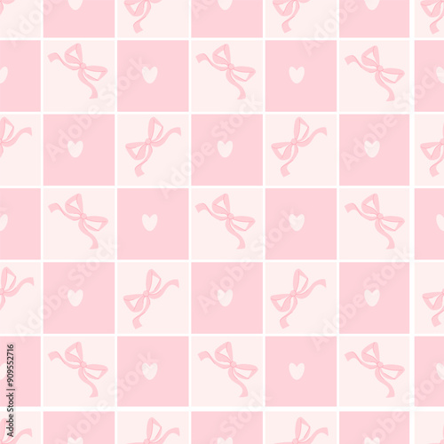 Cute coquette seamless pattern pink ribbon bow and hearts on delicate pink checkered background. Vector illustration. Trendy girly vintage elegant drawing backdrop