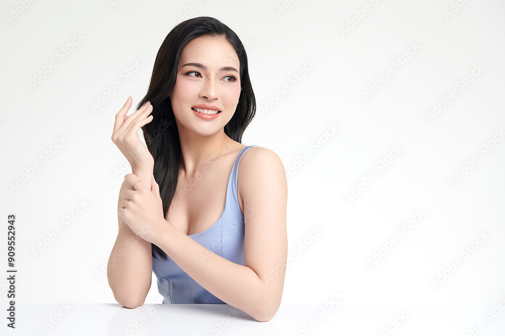 Beautiful young asian woman with clean fresh skin on white background, Face care, Facial treatment, Cosmetology, beauty and spa, Asian women portrait.