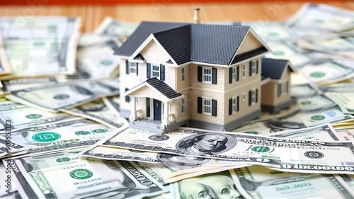 A miniature house is placed on a pile of cash, highlighting the financial aspect of real estate investment