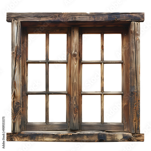 weathered vintage wooden brown window frame on white and transparent background