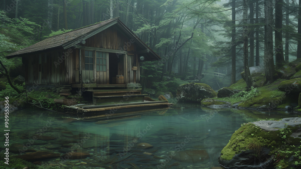 Obraz premium Serene Wooden Cabin Nestled Among Lush Green Forest Near Tranquil Waters in Early Morning Light