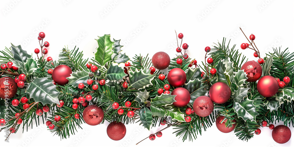 Weihnachtsgirlande auf weissen Hintergrund. Motiv für Webseitenbanner Weihnachtskarte Deko Weihnachtsgeschenke Feier Festlich Weihnachtsgirlande auf weissen Hintergrund. Motiv für Webseitenbanner Weihnachtskarte Deko Weihnachtsgeschenke Feier Festlich