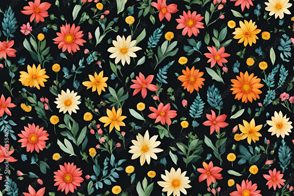 Pattern with colorful flowers and green leaves on dark background. Full frame. View from above. Flat lay. Pattern with colorful flowers and green leaves on dark background. Full frame. View from above. Flat lay.