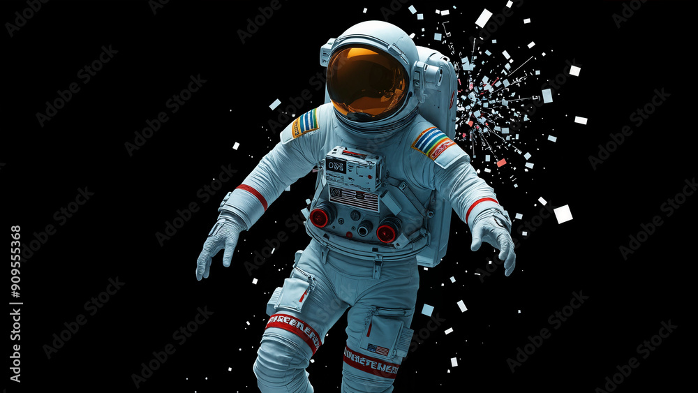 Digital Disintegration of Space Suit on Dark Background Digital Disintegration of Space Suit on Dark Background