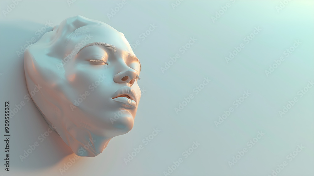 Female portrait with closed eyes, cast of female face head floating in air on blue background. Female portrait with closed eyes, cast of female face head floating in air on blue background.