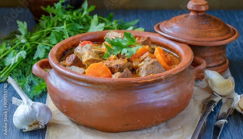 Flavorful Kavarma: Slow-Cooked Bulgarian Stew with Pork and Vegetables in a Clay Pot photo