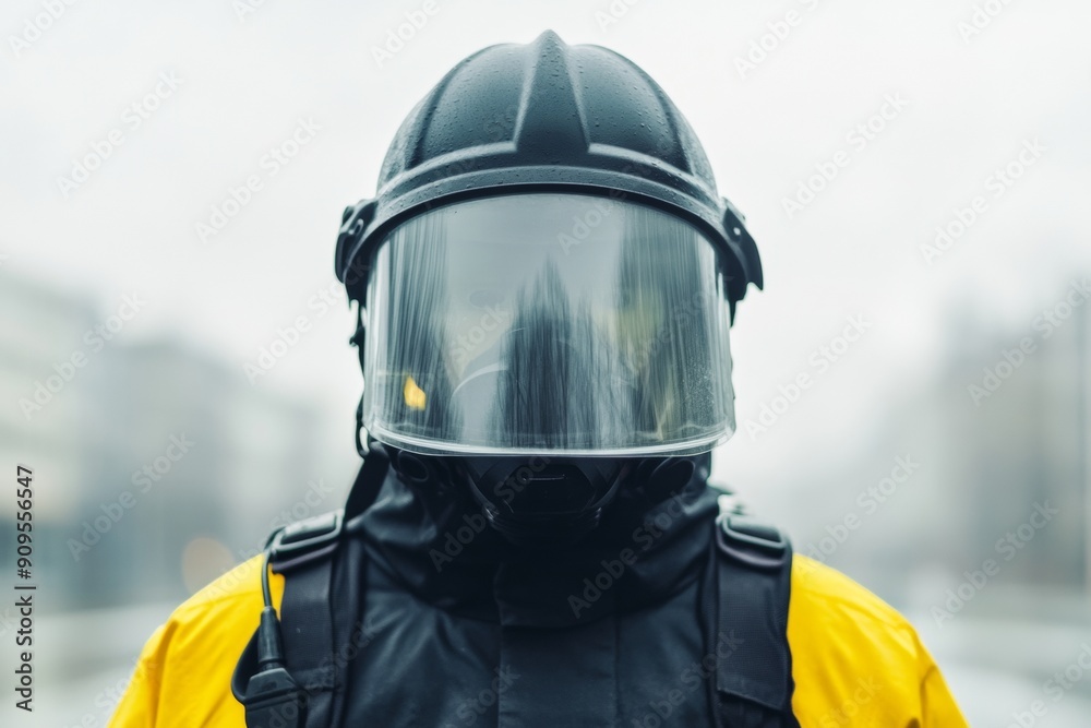 Male Firefighter in Black and Yellow Suit in Abstract Symmetry, Long Exposure, Dramatic Tones, High Definition, Daytime Urban Setting Male Firefighter in Black and Yellow Suit in Abstract Symmetry, Long Exposure, Dramatic Tones, High Definition, Daytime Urban Setting