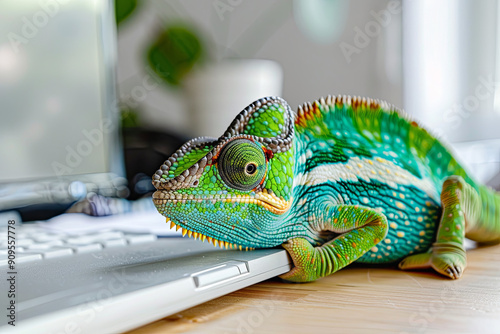 Chameleon adapting to an office environment, symbolizing adaptive leadership photo