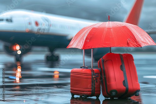 Travel insurance concept. Red umbrella covering airplane and suitcases photo