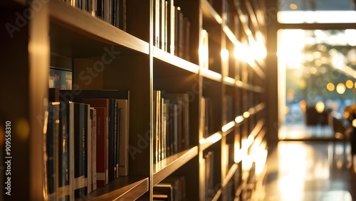 sunlight bathing an empty modern library with rows of sleek bookshelves photo