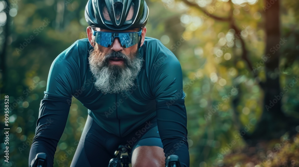 Cyclist wearing crash protection cycling gear with beard Cyclist wearing crash protection cycling gear with beard