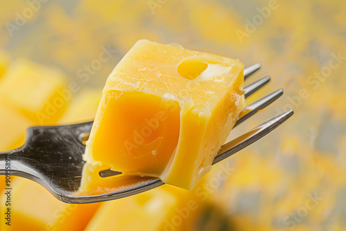 Metallic fork with a slice of cheese photo